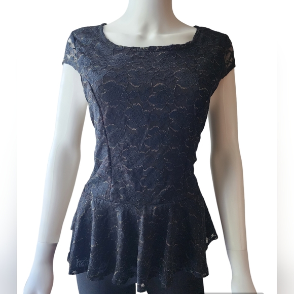 IZ Byer Open Back Black and Gold Lace Peplum Top - Picture 1 of 3
